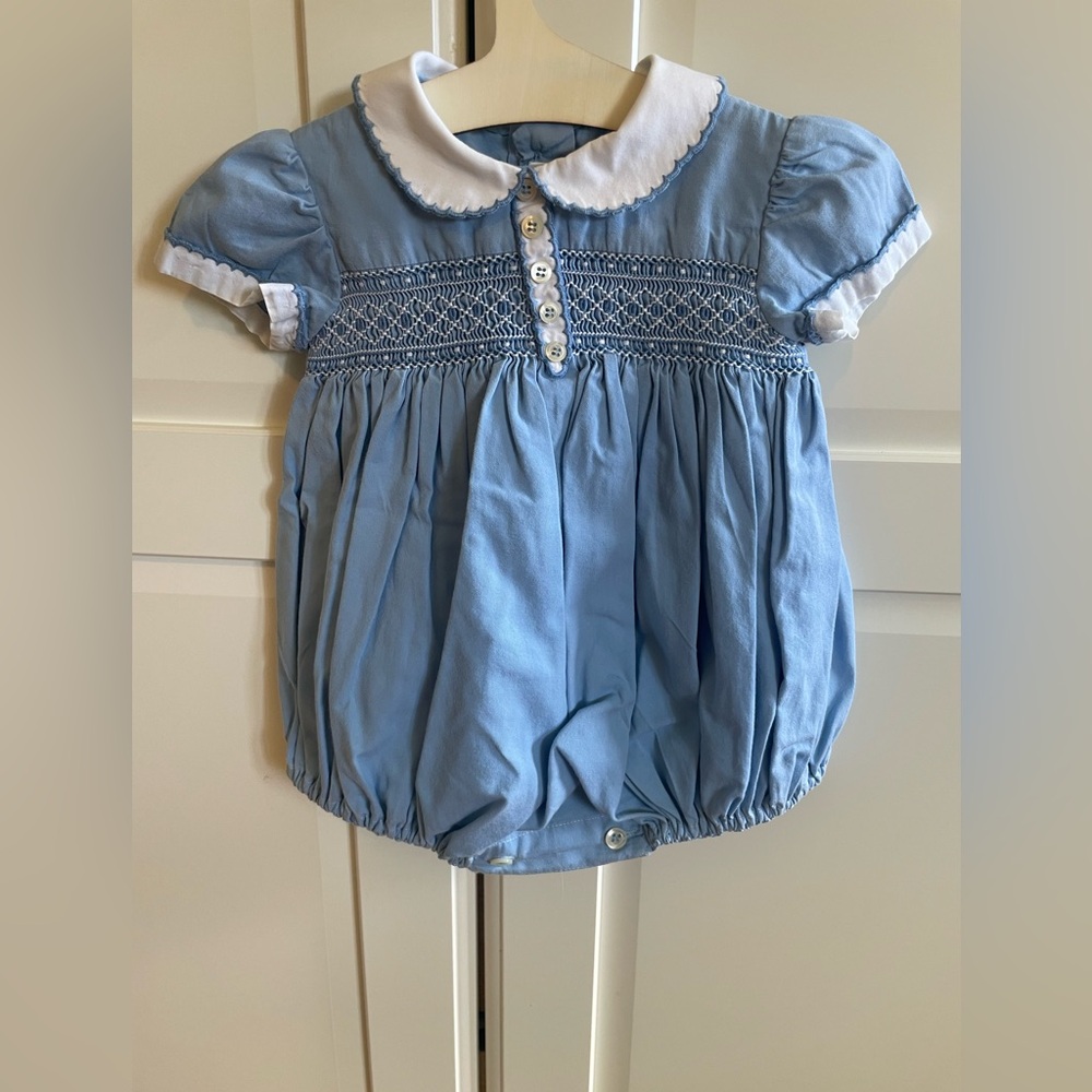 Friki handmade smocked blue and white baby romper